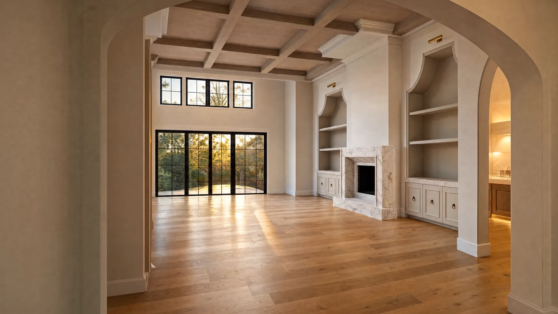 The finished great room of a May Construction custom home, warm light through tall windows