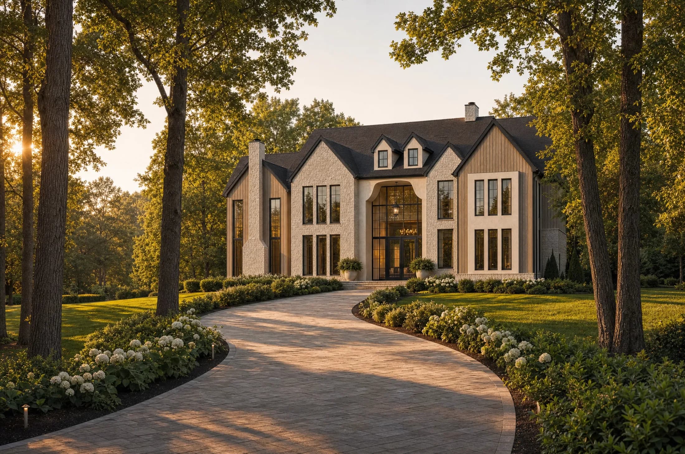 A completed May Construction custom home on a private tree-lined Nashville lot at golden hour