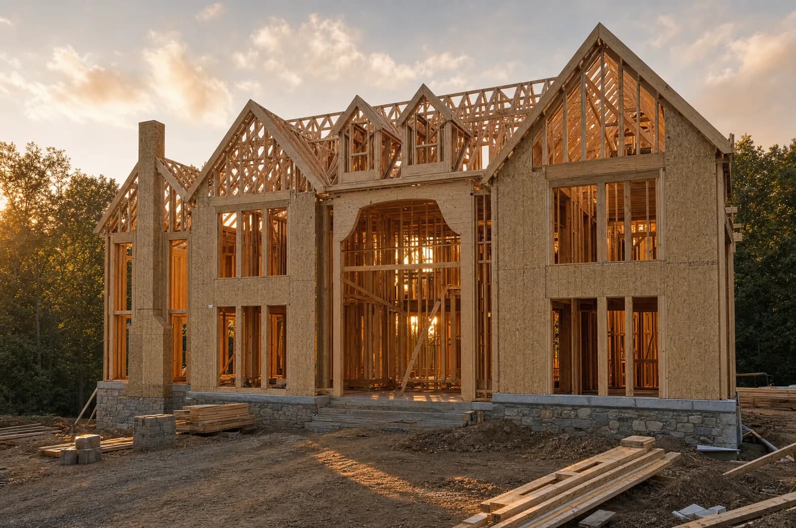 A May Construction home under construction, framed and taking shape on site at golden hour