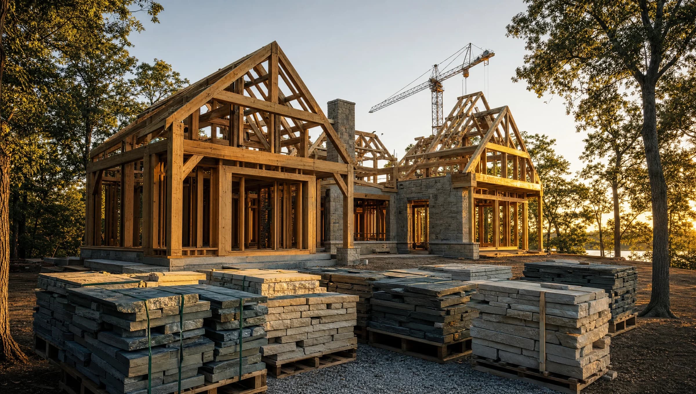 A May Construction home under active construction, framed and taking shape on site