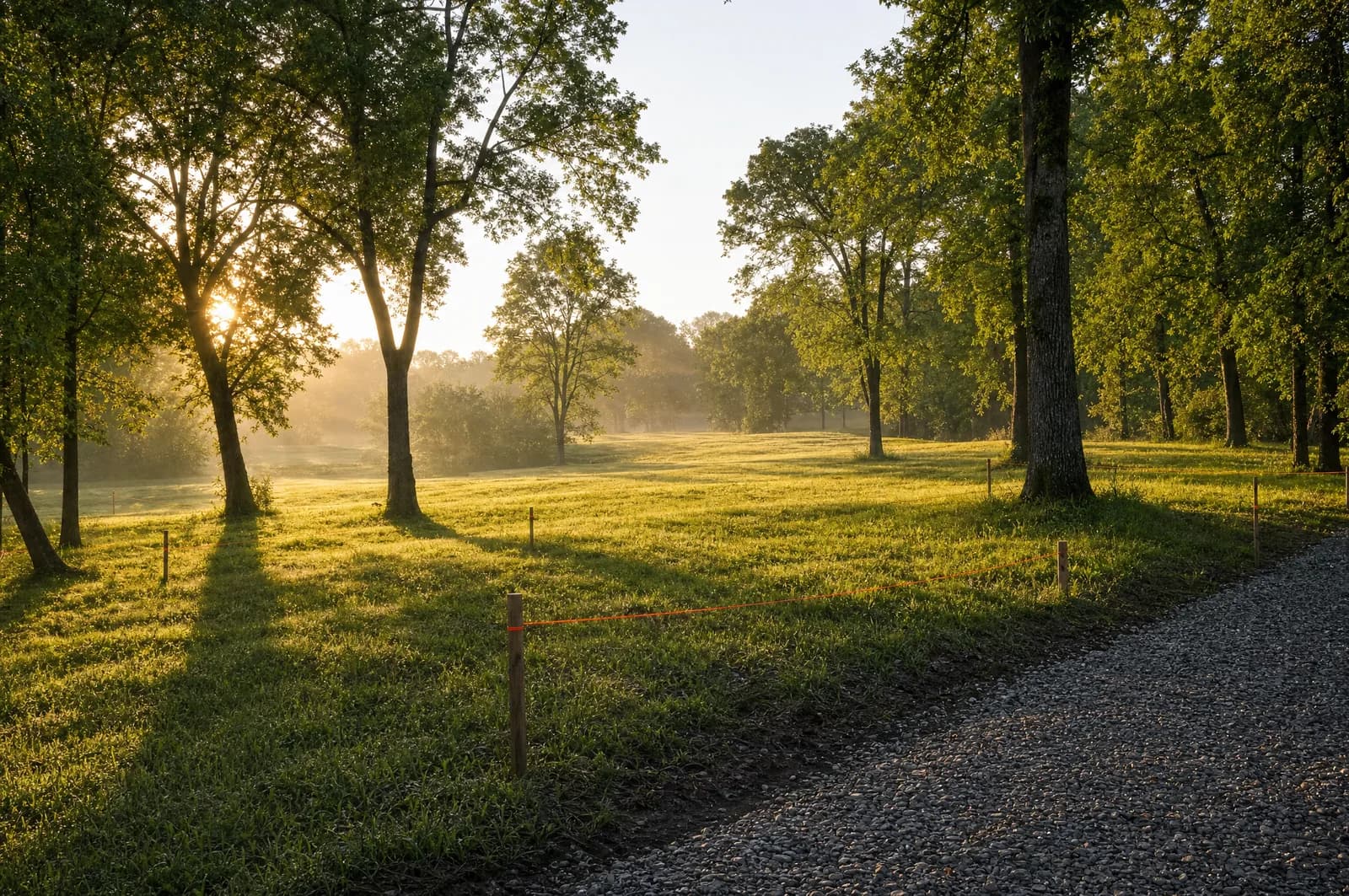 A wooded Nashville homesite at first light, survey stakes marking the home to come