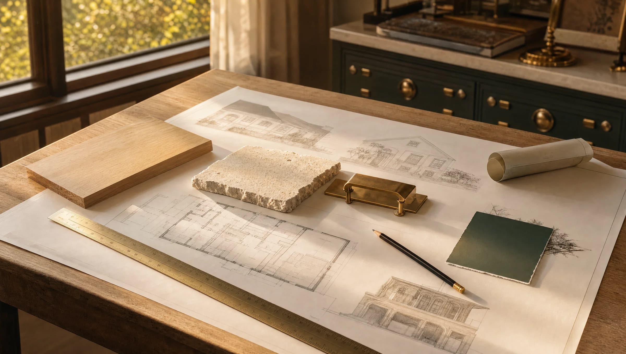 Floor plans, interior selections, and landscape sketches from a Native design review