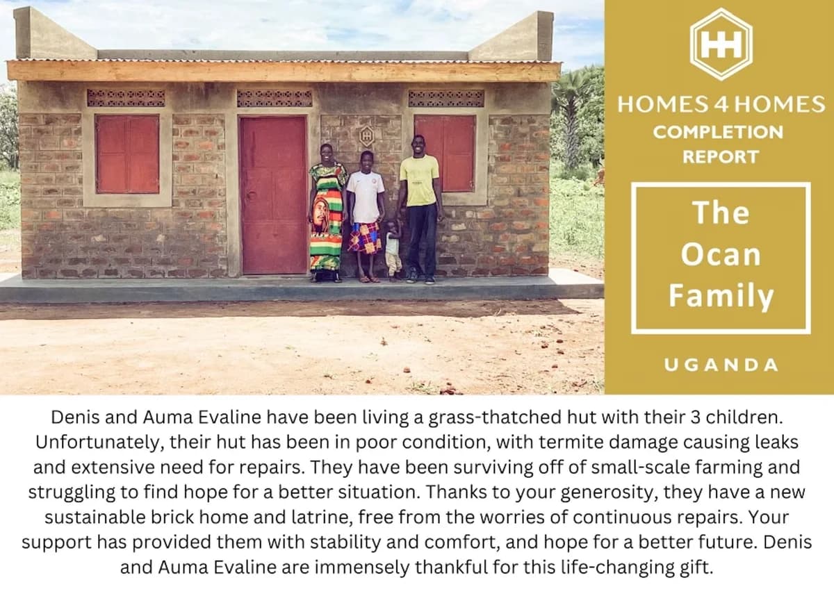 Homes 4 Homes completion report for the Ocan family of Uganda, photographed in front of their new brick home