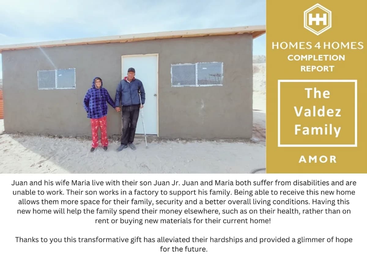 Homes 4 Homes completion report for the Valdez family of Mexico, standing at the door of their new home