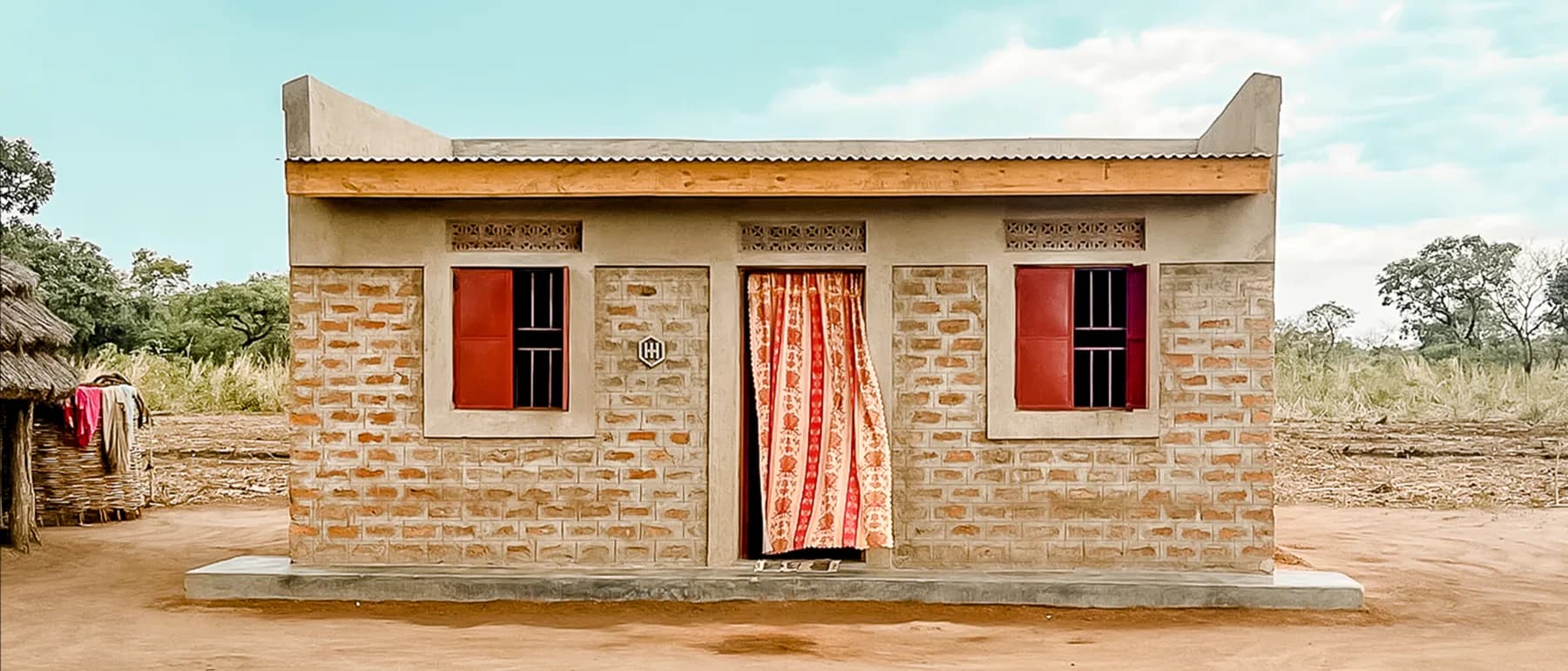 A completed Homes 4 Homes brick house with a metal roof, red locking shutters, and a concrete foundation in Northern Uganda