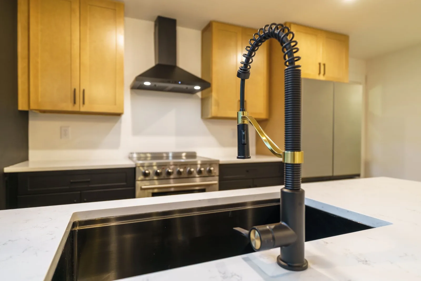 Matte-black faucet over the undermount island sink, range beyond