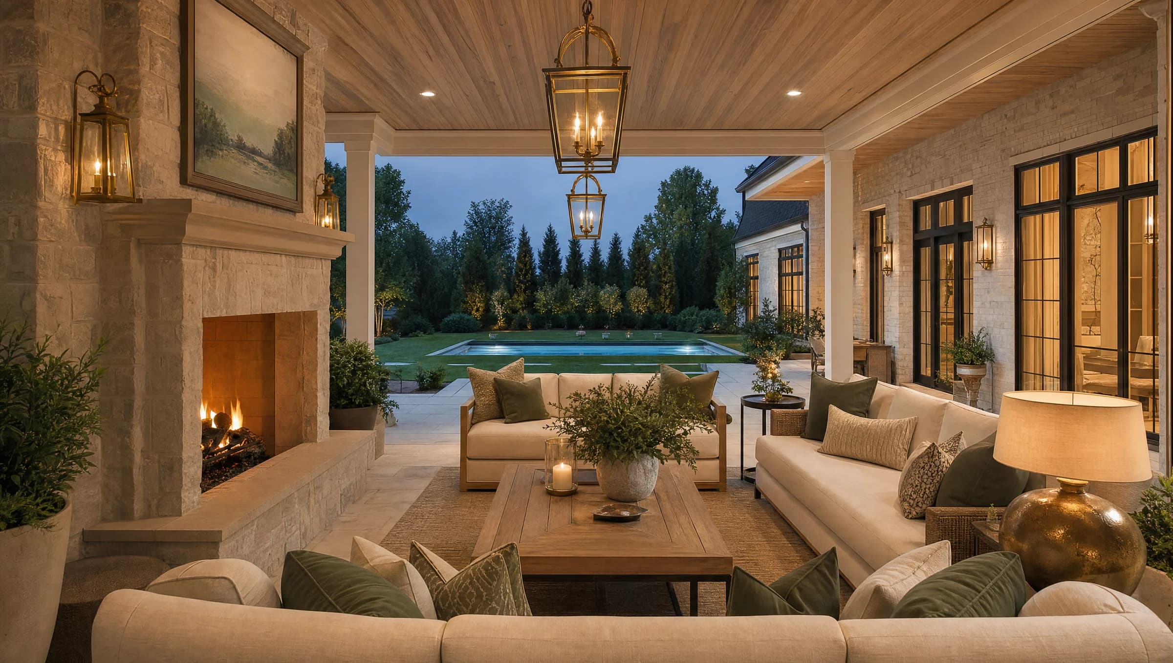 Concept rendering — a wide front porch at dusk, warm light spilling from the doorway